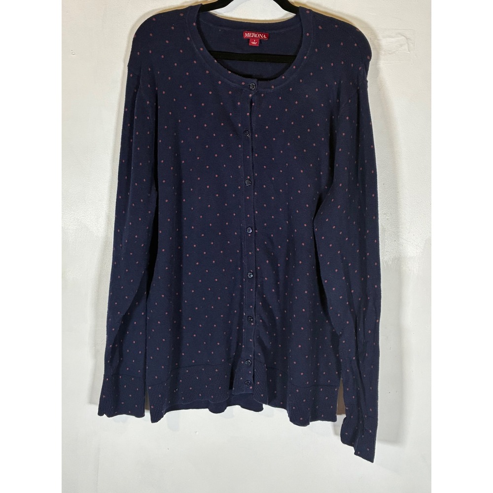 Merona Women's 1 1X Navy Pink Polka Dot Button Cardigan Cotton Blend